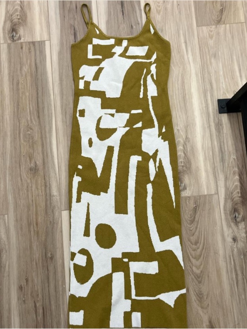 Knit Midi Dress Fits Size S-L Stretchy Olive Green & White Abstract Fall OOTD